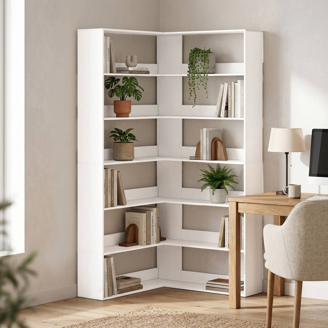L-vormige hoekboekenkast, 7 planken, witte houtlook