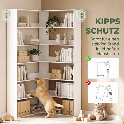 L-Shaped Corner Bookshelf, 7-Tier, White Wood Look