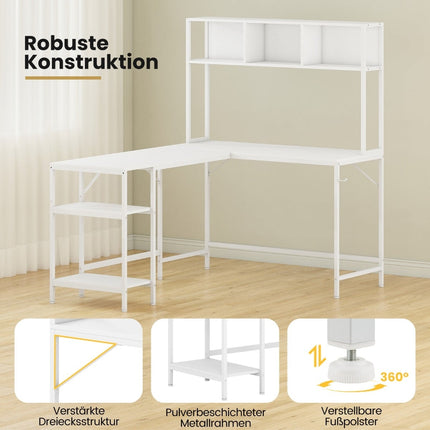 Psací stůl do L s knihovnou, bílá – úsporný design