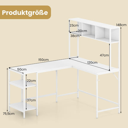 Psací stůl do L s knihovnou, bílá – úsporný design