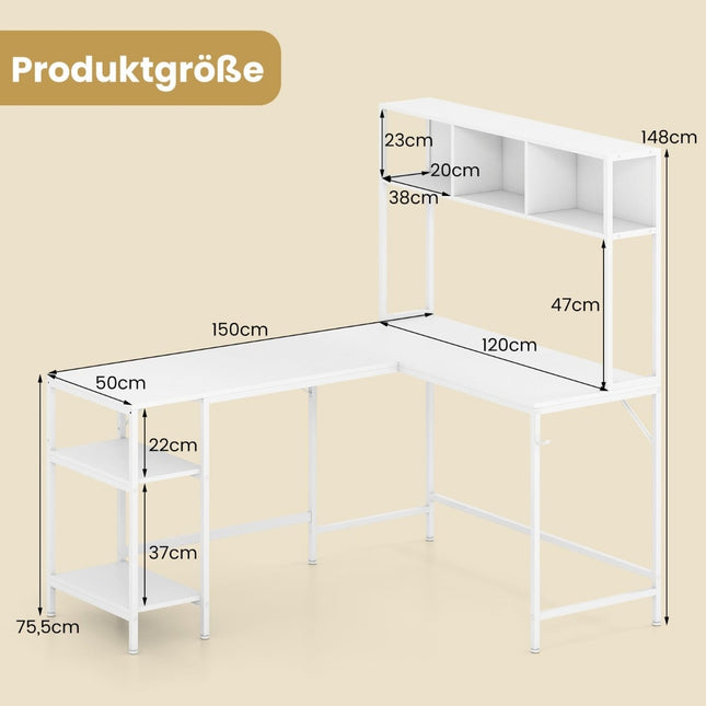 Psací stůl do L s knihovnou, bílá – úsporný design