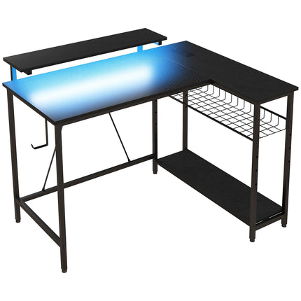L-förmiger Schreibtisch mit LED, Steckdosen, USB, umkehrbar, Schwarz