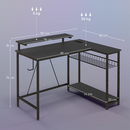 L-förmiger Schreibtisch mit LED, Steckdosen, USB, umkehrbar, Schwarz