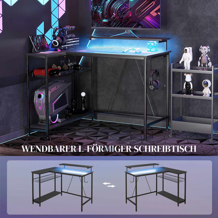 L-förmiger Schreibtisch mit LED, Steckdosen, USB, umkehrbar, Schwarz