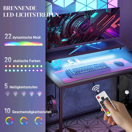 L-förmiger Schreibtisch mit LED, Steckdosen, USB, umkehrbar, Schwarz