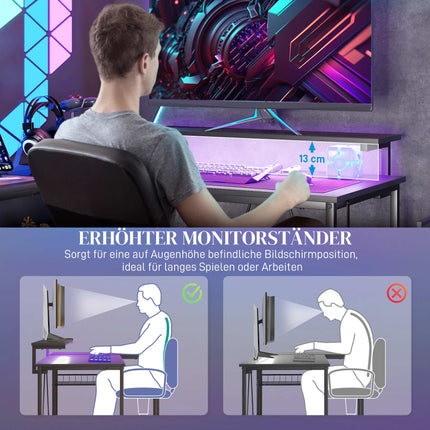 L-förmiger Schreibtisch mit LED, Steckdosen, USB, umkehrbar, Schwarz