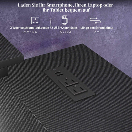 L-förmiger Schreibtisch mit LED, Steckdosen, USB, umkehrbar, Schwarz