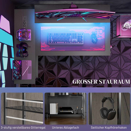 L-förmiger Schreibtisch mit LED, Steckdosen, USB, umkehrbar, Schwarz