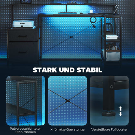 L-Shaped Gaming Desk with LED, Power Outlets, Dual Monitor Stand