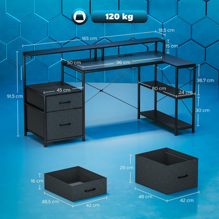 L-Shaped Gaming Desk with LED, Power Outlets, Dual Monitor Stand
