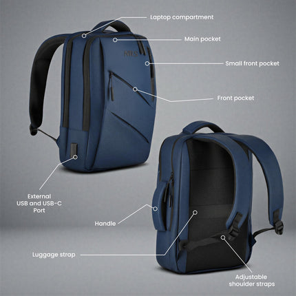 Batoh na notebook, modrý, nabíjecí port USB-C, 15L