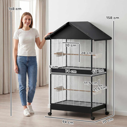 Velká klec pro ptáky s odnímatelnou přepážkou, kolečky, bílá/černá