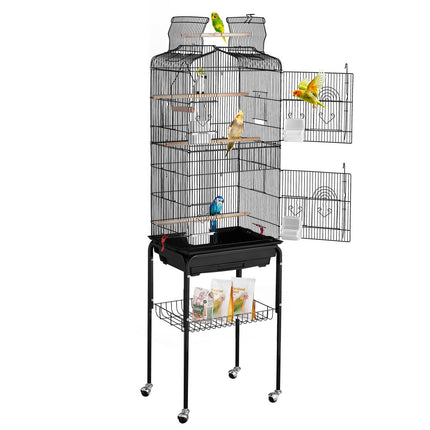 Large Bird Cage with Rolling Stand, Open Top, 4 Perches, Black