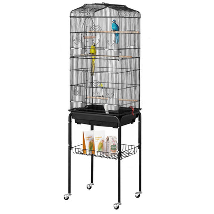 Large Bird Cage with Rolling Stand, Open Top, 4 Perches, Black