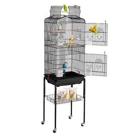 Large Bird Cage with Rolling Stand, Open Top, 4 Perches, Black