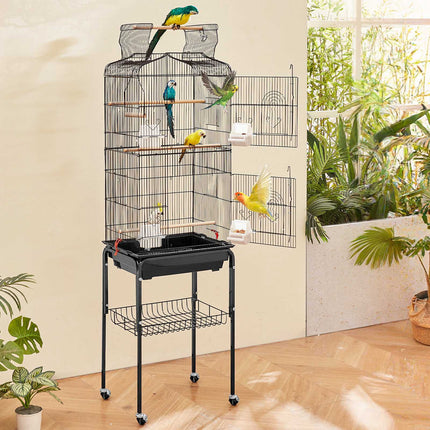 Large Bird Cage with Rolling Stand, Open Top, 4 Perches, Black