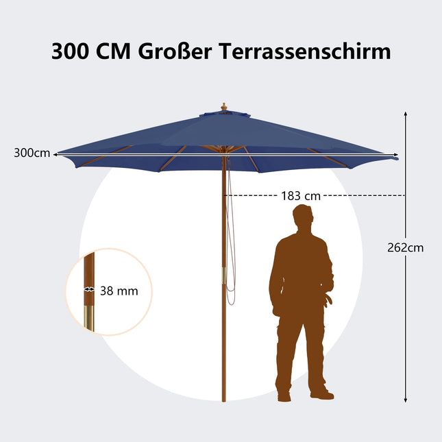 Velký modrý dřevěný zahradní slunečník, 300 cm, větraný, nastavitelný
