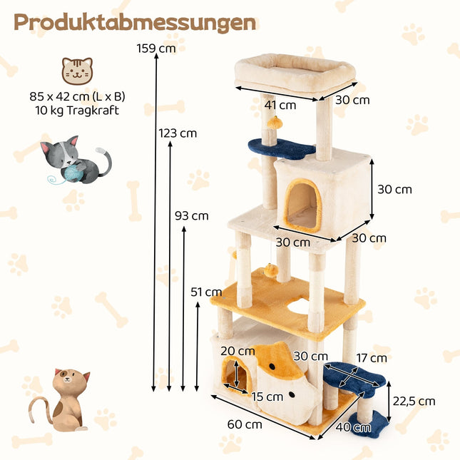 Velký kočičí strom s designem ryby, sisalové sloupky, béžový