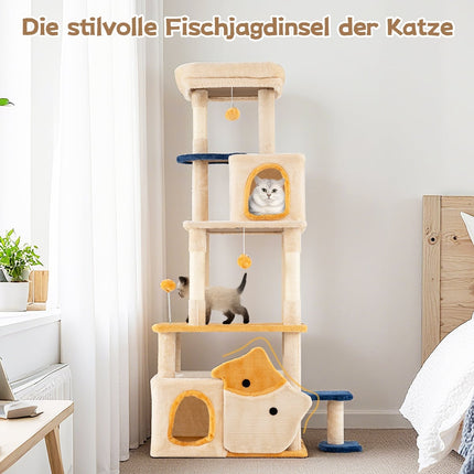 Velký kočičí strom s designem ryby, sisalové sloupky, béžový