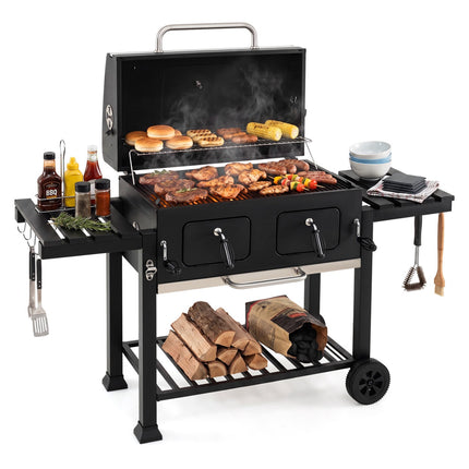 Large Charcoal Grill with Folding Tables and Thermometer