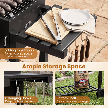 Large Charcoal Grill with Folding Tables and Thermometer