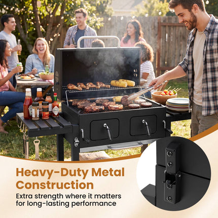 Large Charcoal Grill with Folding Tables and Thermometer