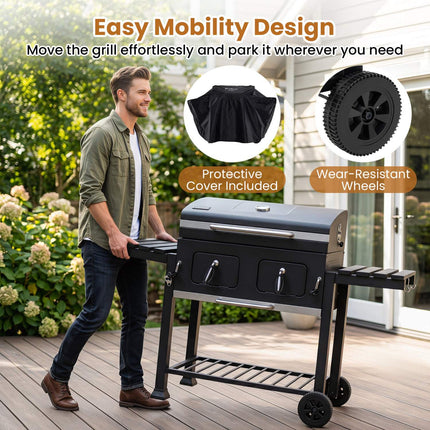 Large Charcoal Grill with Folding Tables and Thermometer