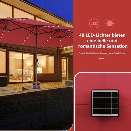 Velký dvojitý zahradní slunečník se solárními LED světly, červený