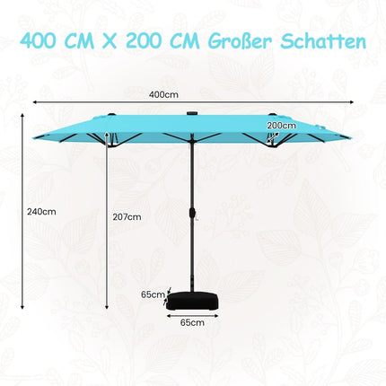 Velký oboustranný zahradní slunečník s LED světly, 400x200 cm