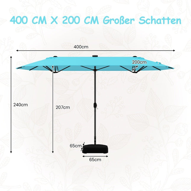 Velký oboustranný zahradní slunečník s LED světly, 400x200 cm