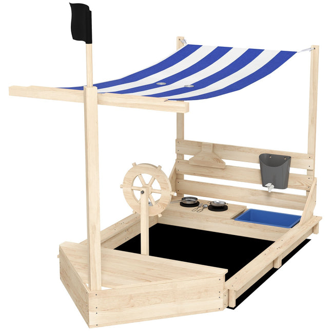 Dřevěné pískoviště s víkem – design lodi, 180x103x144.5 cm