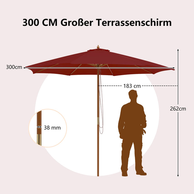 Velký dřevěný zahradní slunečník, 300cm, bambusové žebroví, červený