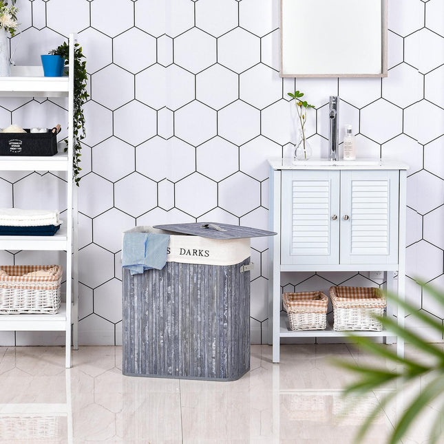100L gray laundry basket - Washable canvas and bamboo