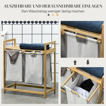 Bamboo laundry basket, 81.2L with 2 removable bags
