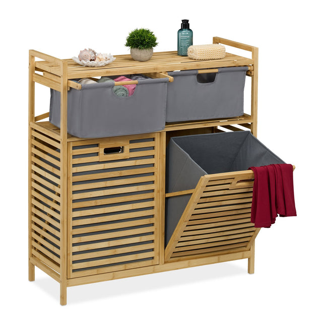 Laundry Basket Rack with 2 Fabric Drawers, Bamboo Shelf