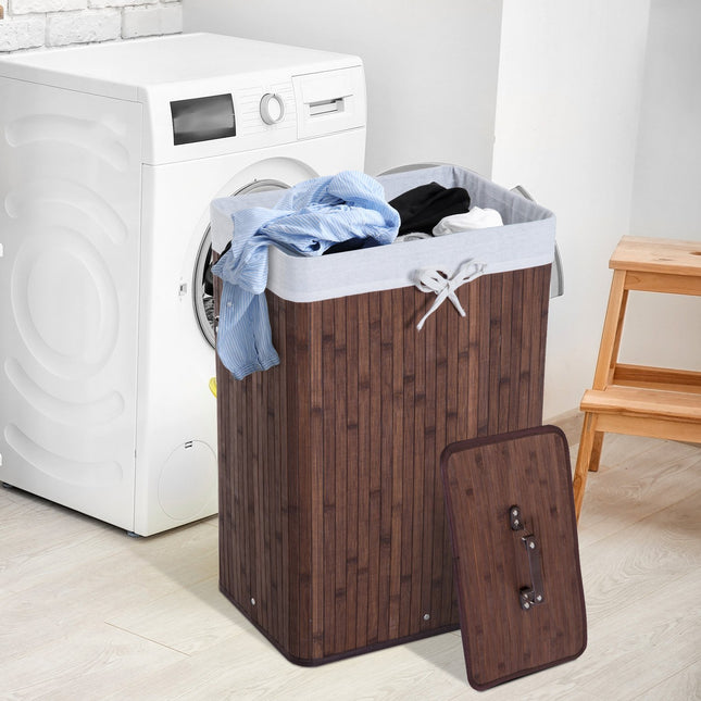 Bamboo laundry basket with lid, 72L, foldable & washable
