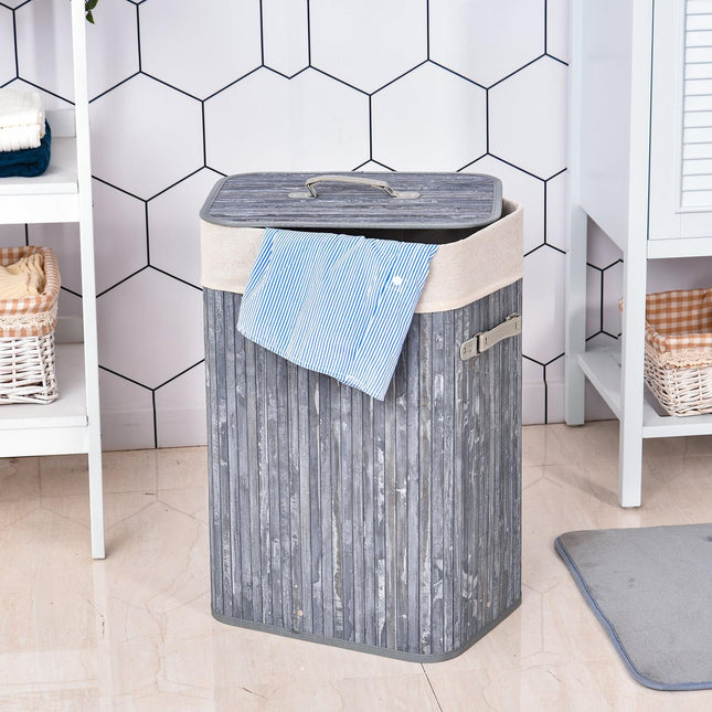 Foldable 72L bamboo laundry basket with lid - grey