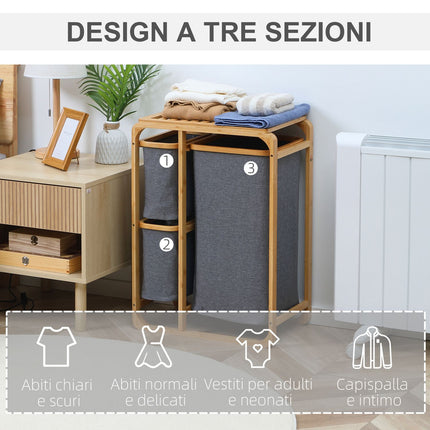 Bambusový třídič prádla se 3 vyjímatelnými vaky, šedá/přírodní