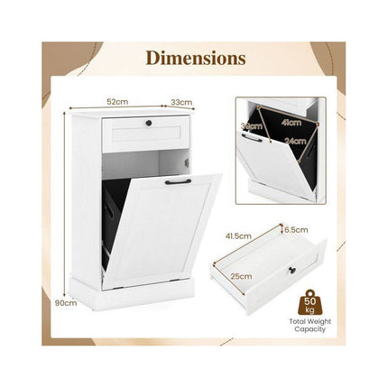 Laundry Cabinet with Tilt Out Hamper and Drawer, 39 L Removable Bin, White