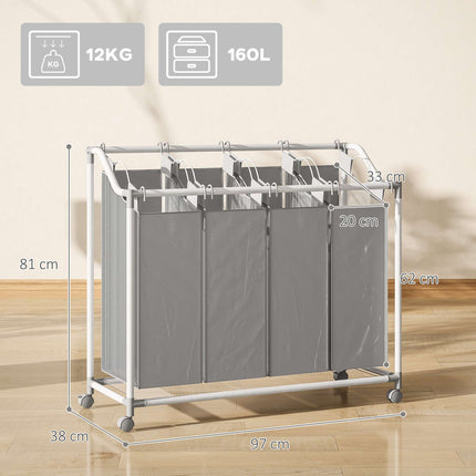 Koš na prádlo se 4 vyjímatelnými vaky, 160L, kolečka, šedý