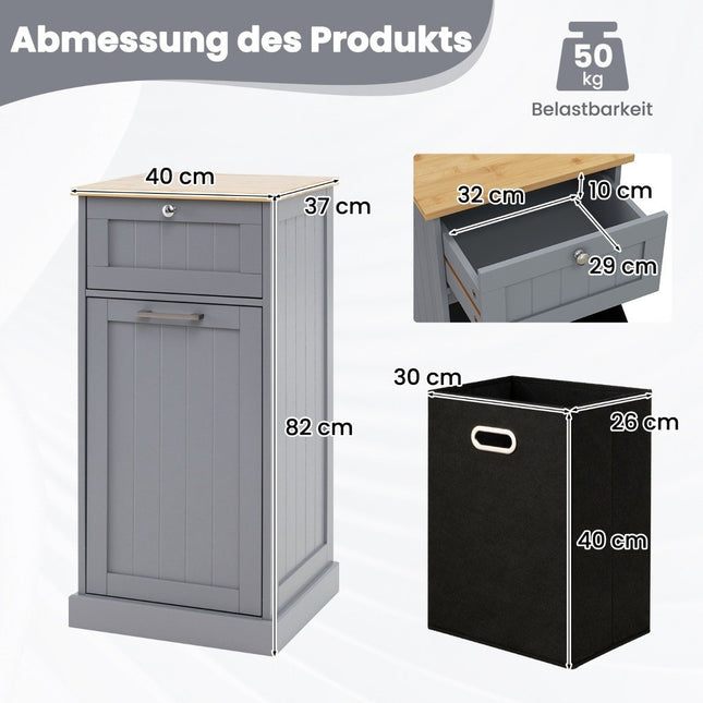 Wäscheschrank mit Wäschekorb &amp; Schublade &amp; Bambus Tischplatte Wäschesammler grau