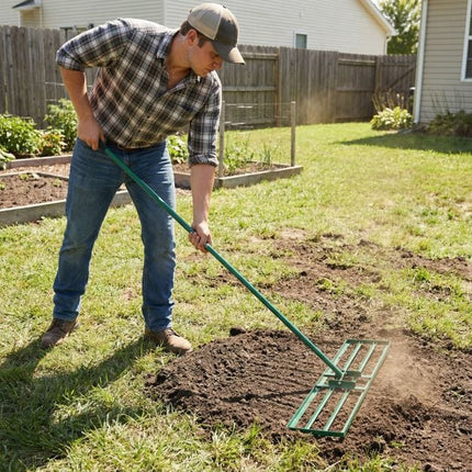 Rovnací hrábě na trávník, nastavitelná násada 177cm, protiskluzová rukojeť