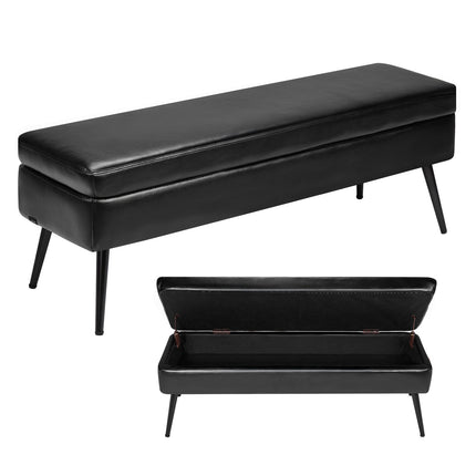 Leather Storage Ottoman Bench, PU Leather, Metal Legs, Black