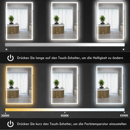 LED koupelnové zrcadlo, 80x60cm, nemlžící, dotykový vypínač