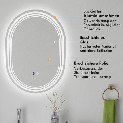LED koupelnové zrcadlo s dotykovým vypínačem, 70x50cm, nemlžící