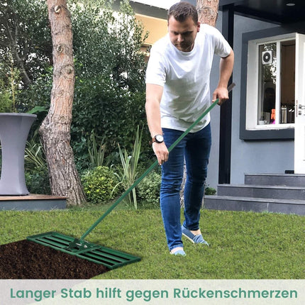 Rovnací hrábě s ergonomickou rukojetí, robustní nářadí na trávník, rovnací hrábě, srovnávač povrchu, 106 x 25 cm, zelené