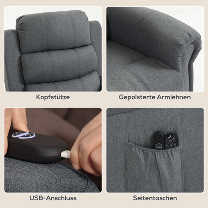 Polohovací relaxační křeslo s masáží, ohřevem, vzhled lnu, šedé