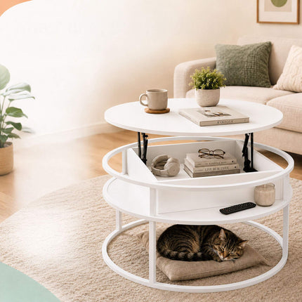 Lift-Top Coffee Table with Storage – White, MDF & Metal