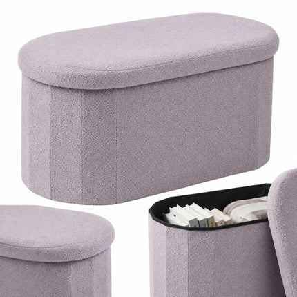 Light Grey Teddy Fabric Storage Bench – 76 cm Oval