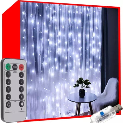 Světelný závěs 300 LED USB, studená bílá, KŚ19766